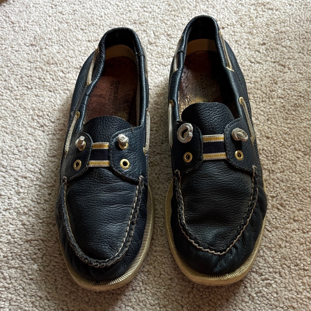 Sperry Navy Leather Loafers with Gold and Yellow Accents